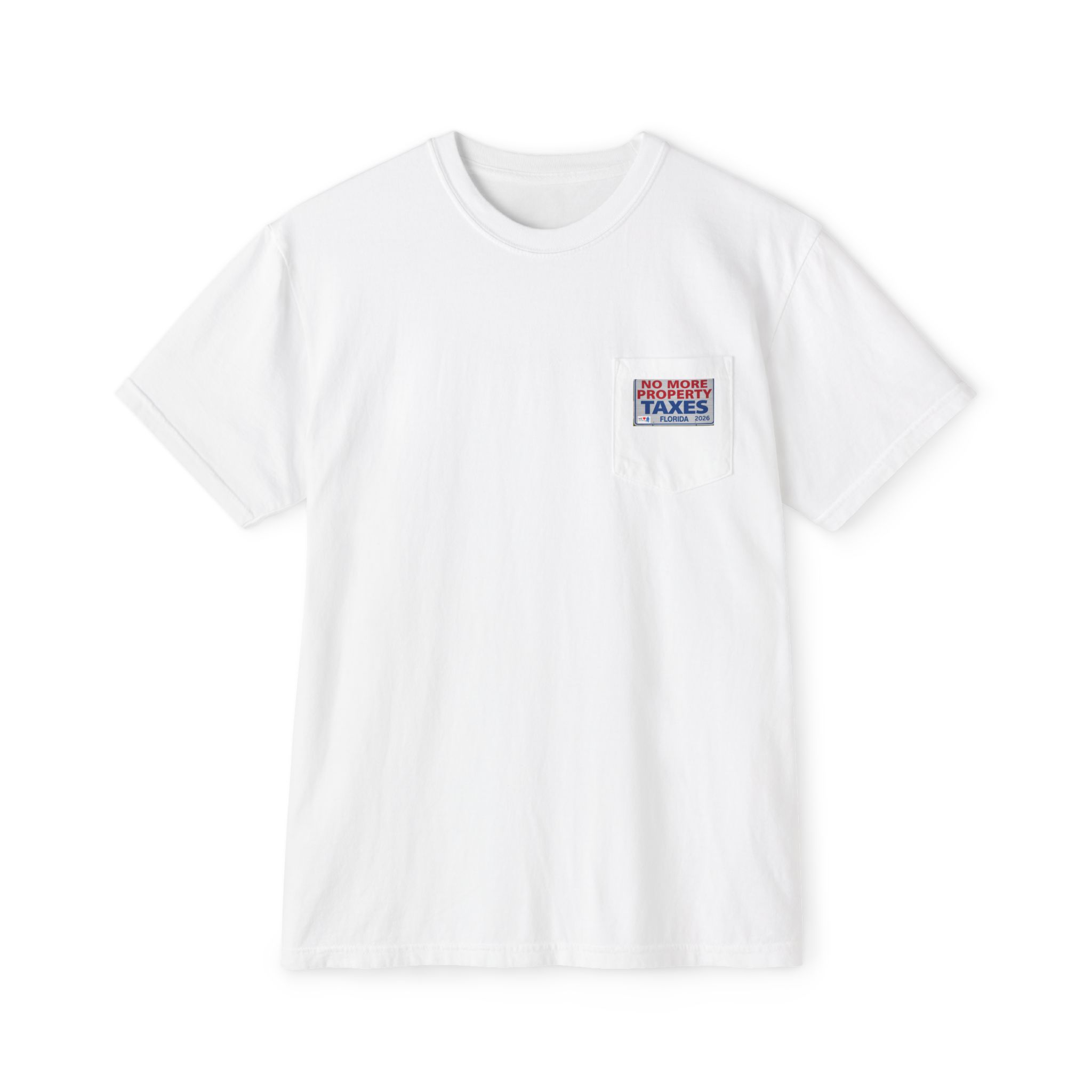 "No More Property Taxes in Florida" Pocket T-Shirt — Winter 2026-OurSeniors.net